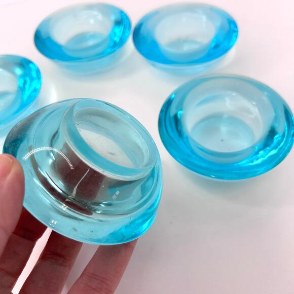 Five Crate & Barrel Light Aqua Blue Clear Glass Tea Light Holders 3" - Picture 2 of 4